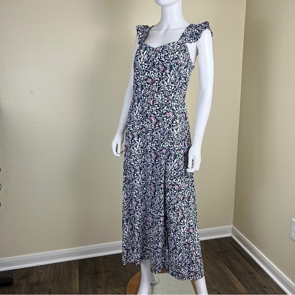 Loft Women’s Size 4 Blue Floral Bird Ruffle Strap Midi Dress Sleeveless Slit - Picture 5 of 15